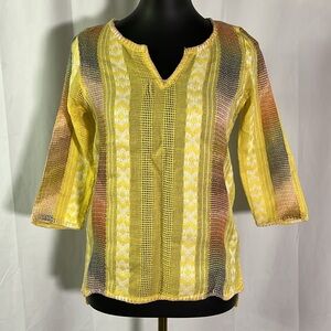 UO Staring at Stars Yellow Multicolor 3/4 Sleeve Split V-Neck Sweater